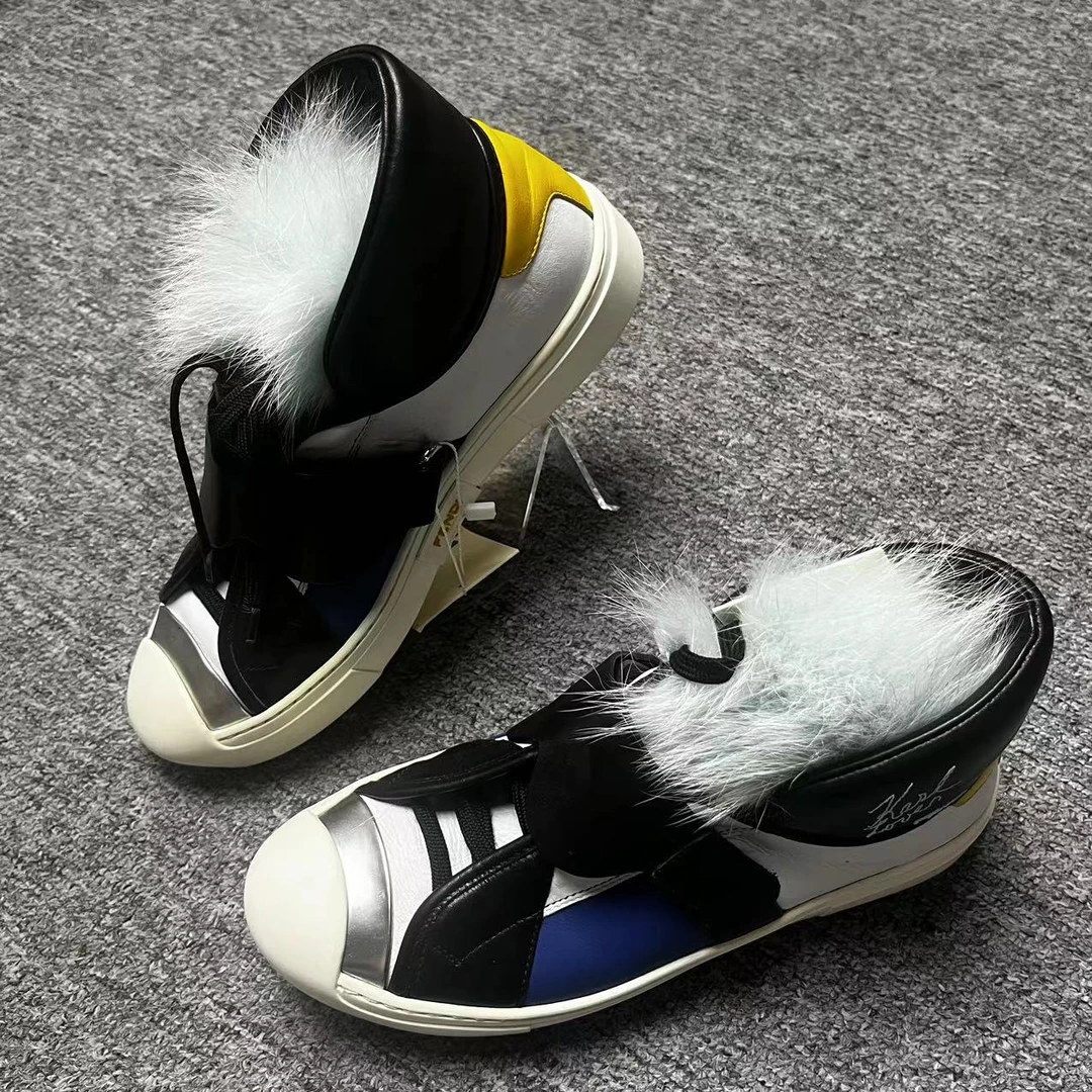 95新 FENDI/芬迪 女鞋折扣 黑白蓝拼色时尚高帮毛绒板鞋36码 1428