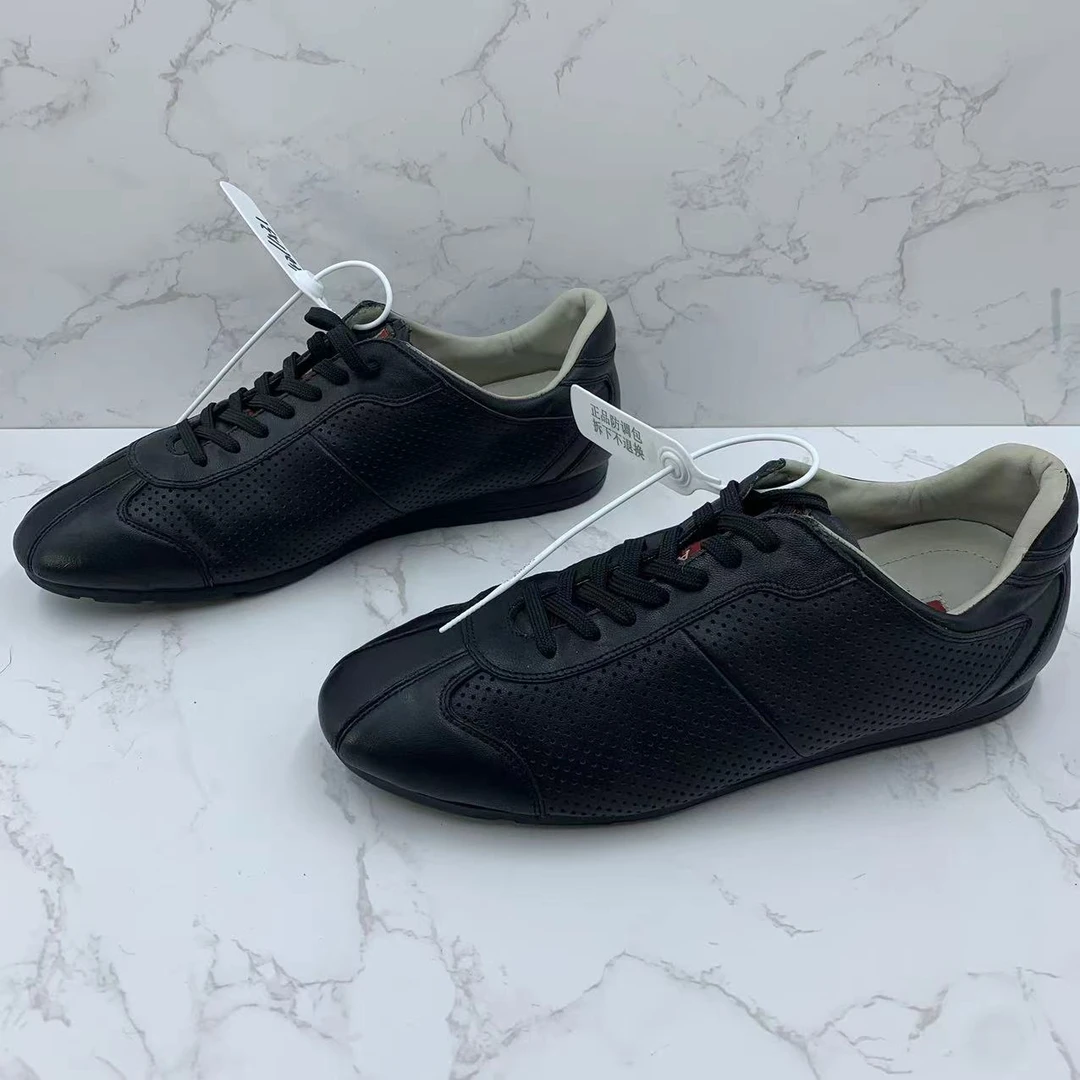 95新 Prada/普拉达 黑色时尚舒适休闲网孔男士低帮板鞋40欧码正品