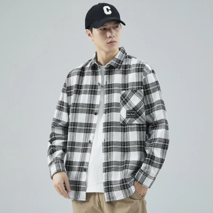 公输家族春季格子百搭纯色衬衫男简约文艺范翻领通勤轻熟单穿外套