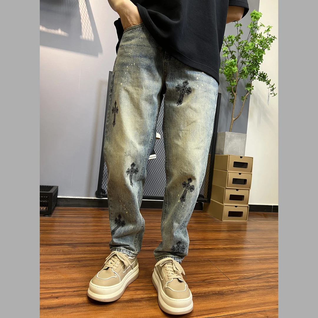 复古做旧黄泥色高街牛仔裤男款个性印花宽松直筒潮流水洗5753