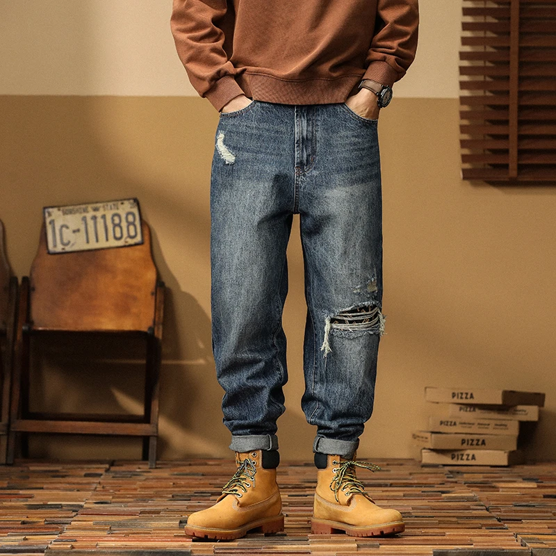 破洞补丁男士牛仔裤宽松做旧水洗锥形休闲百搭长裤C9015