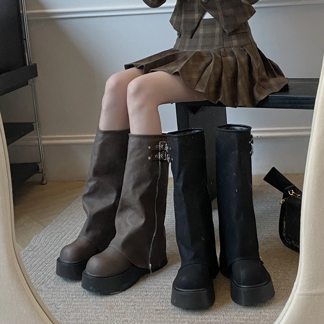 贾不假裤管长靴女款2025春季新款小个子时尚英伦风百搭厚底时装靴