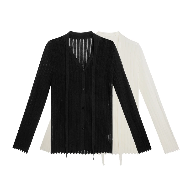 Zxm-【般般】V领针织开衫冰丝镂空轻薄显瘦修身长袖外套