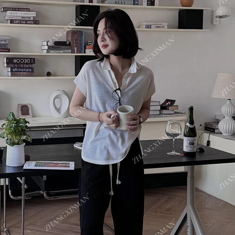 Zxm-【洛笙】100美丽诺细羊毛翻领蝙蝠袖T恤休闲小众短袖上衣女显瘦