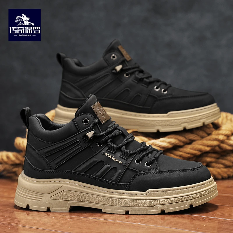 传奇保罗男士工装靴2024秋季新款防滑厚底马丁靴潮流百搭靴子男款
