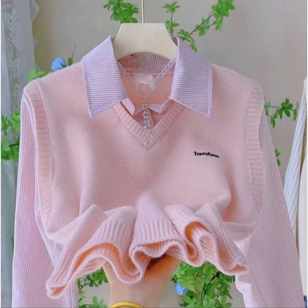 针织衬衫假两件毛衣女春秋短款学院风条纹马甲拼接软糯百搭上衣