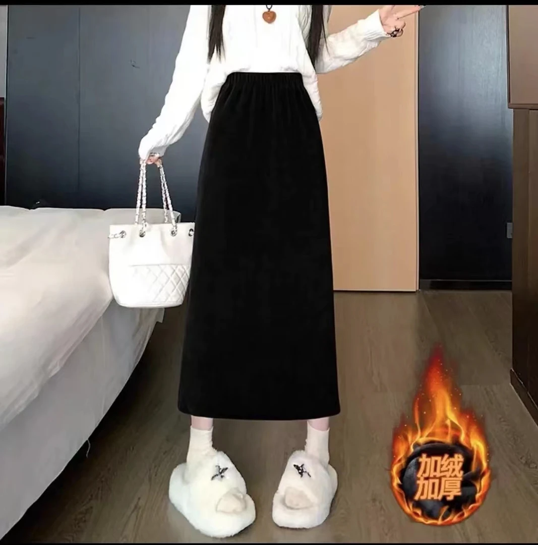 加绒加厚包臀半身裙韩版松紧腰高腰设计欧棉绒女秋冬直筒休闲长裙