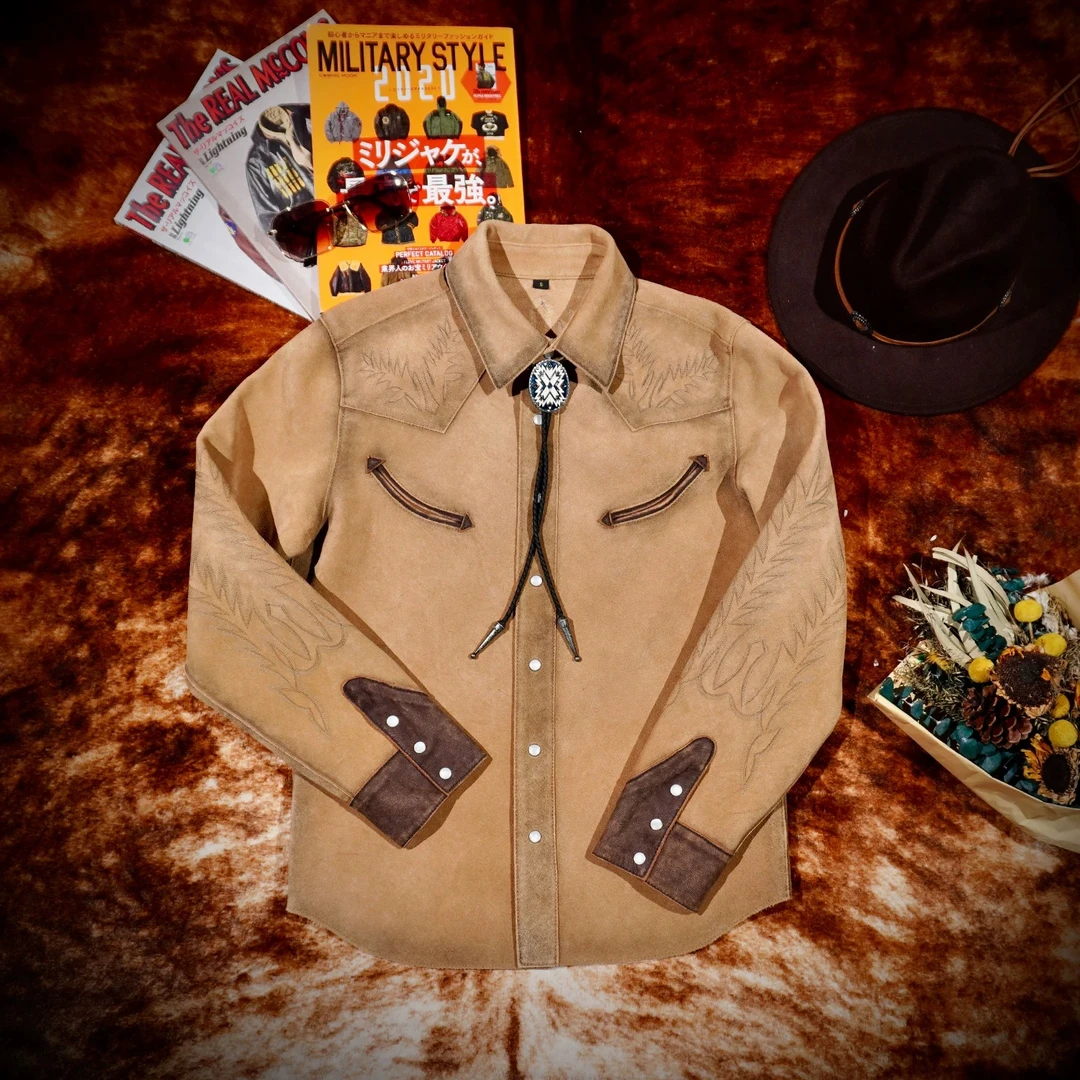 经典开口美式复古西部衬衣牛皮刺绣阿美咔叽复古水洗做旧皮衣男