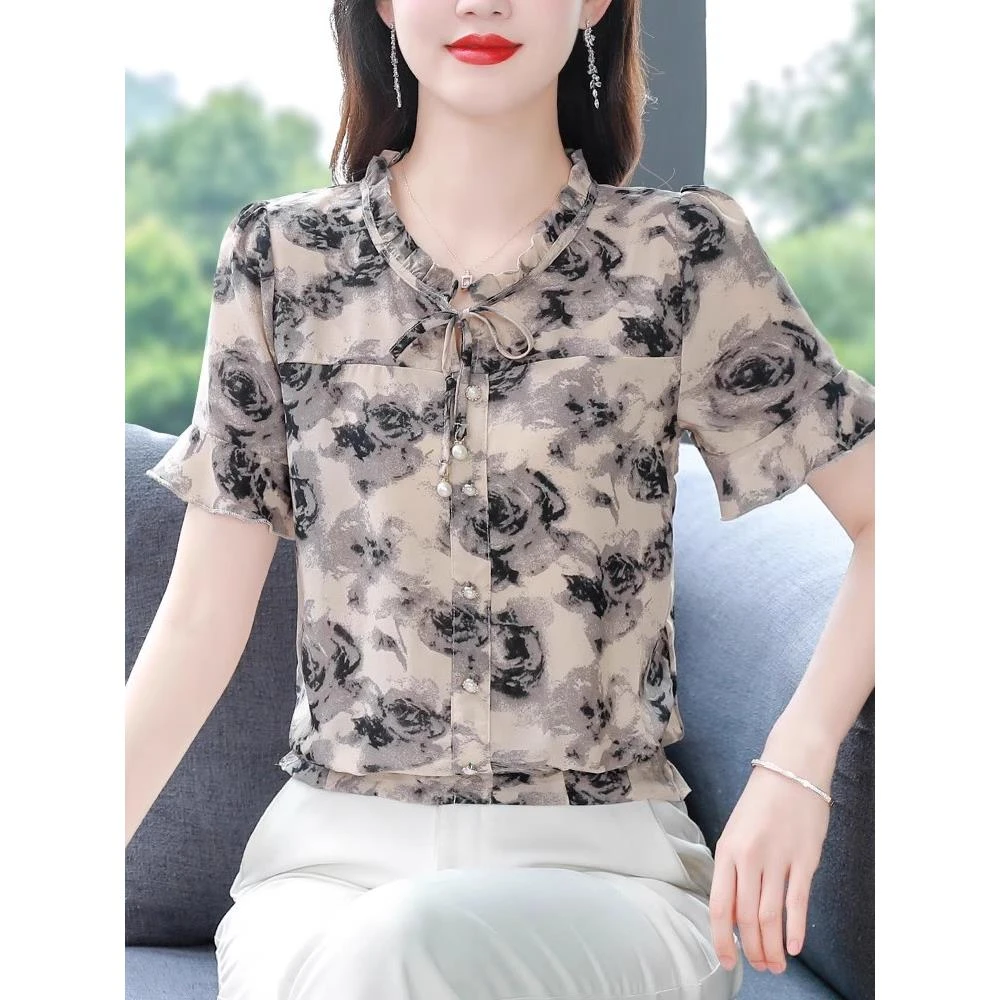 洋气碎花雪纺衫女短袖夏装宽松显瘦女士小衫中年妈妈短款上衣气质