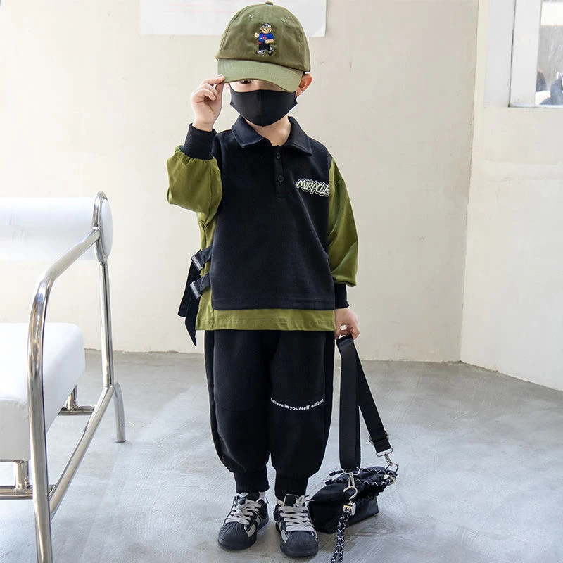 加绒  男童套装春款洋气韩版春秋装春秋季新款拼色童两件套POLO衫