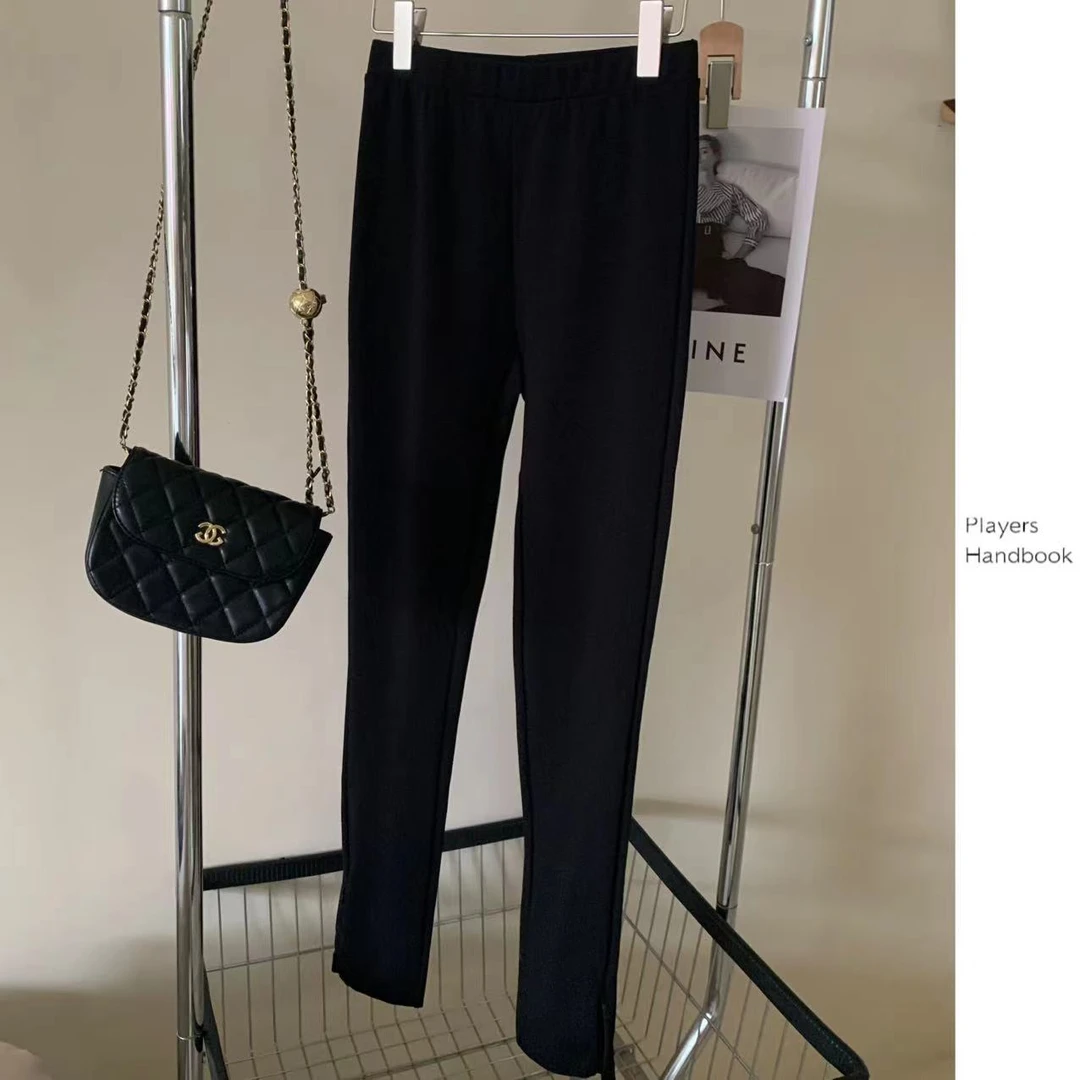 playershandbook欧美风格直筒休闲裤春秋长裤开叉高腰黑色PH088