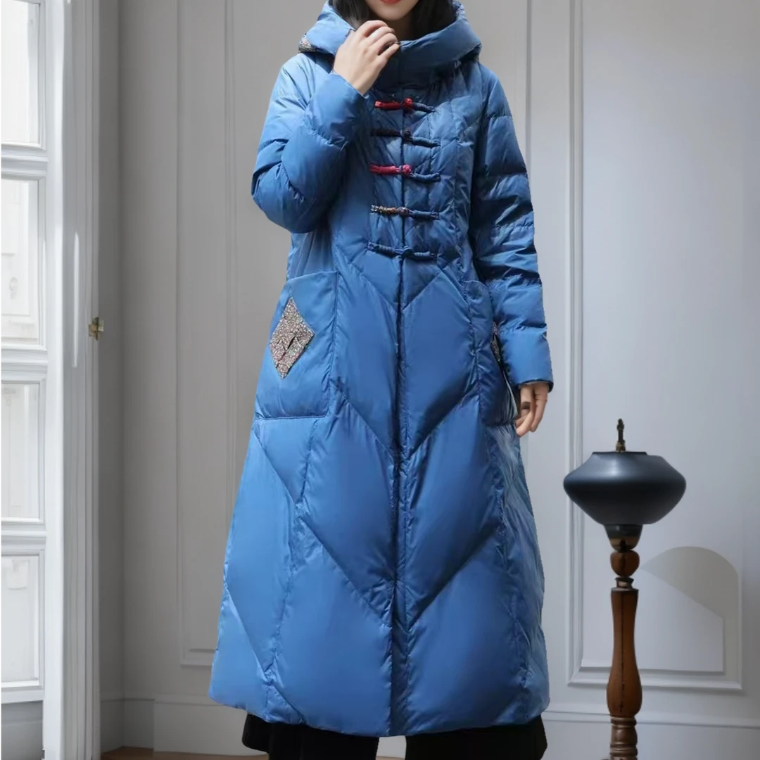 中国风长款连帽羽绒服民族风新中式保暖冬季女士过膝鸭绒外套