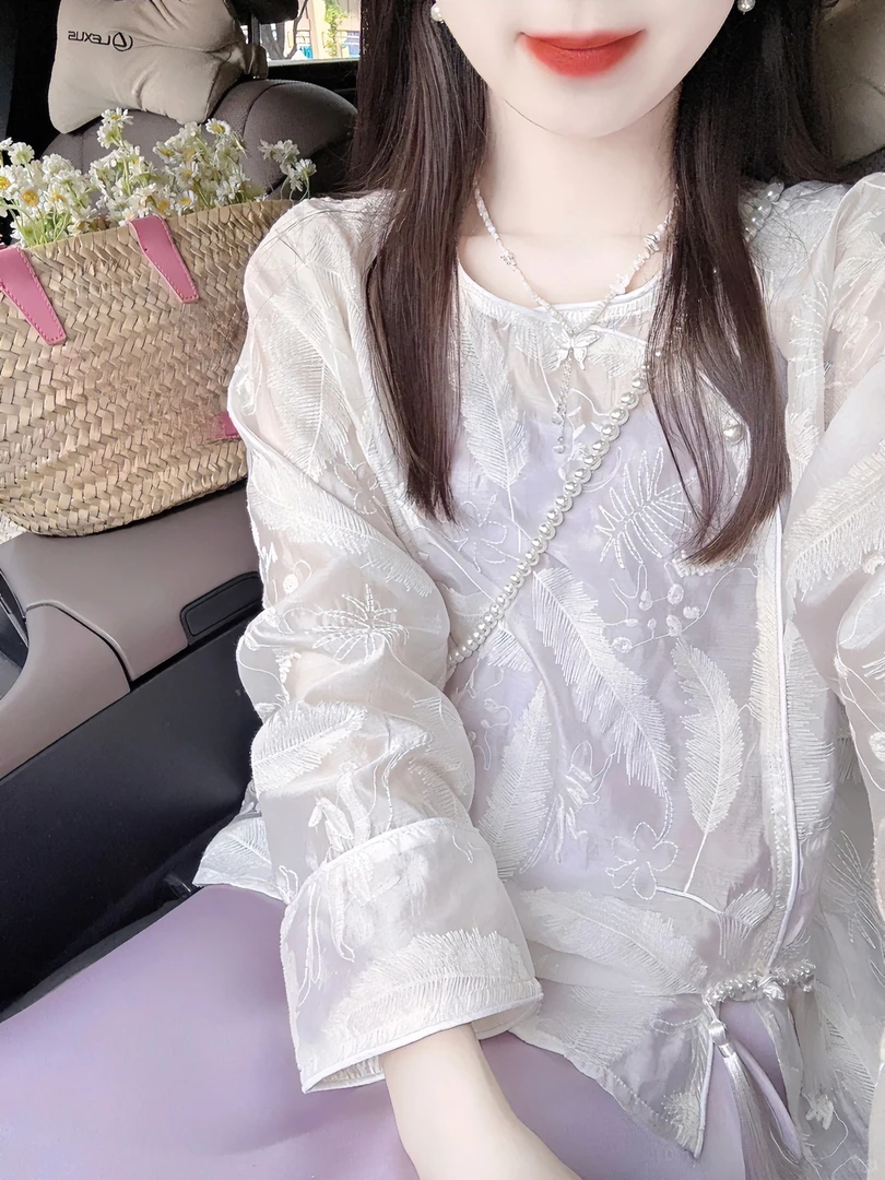 新中式套装女国风高级感刺绣重工长袖防晒衬衫紫色吊带长裙两件套