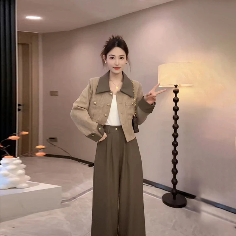 小香风时尚套装女秋季新款气质撞色polo领短款外套高腰阔腿裤套装