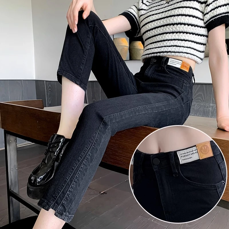 Boxiviilla/波西维拉黑色直筒牛仔裤女士冬季高腰显瘦加绒烟管裤