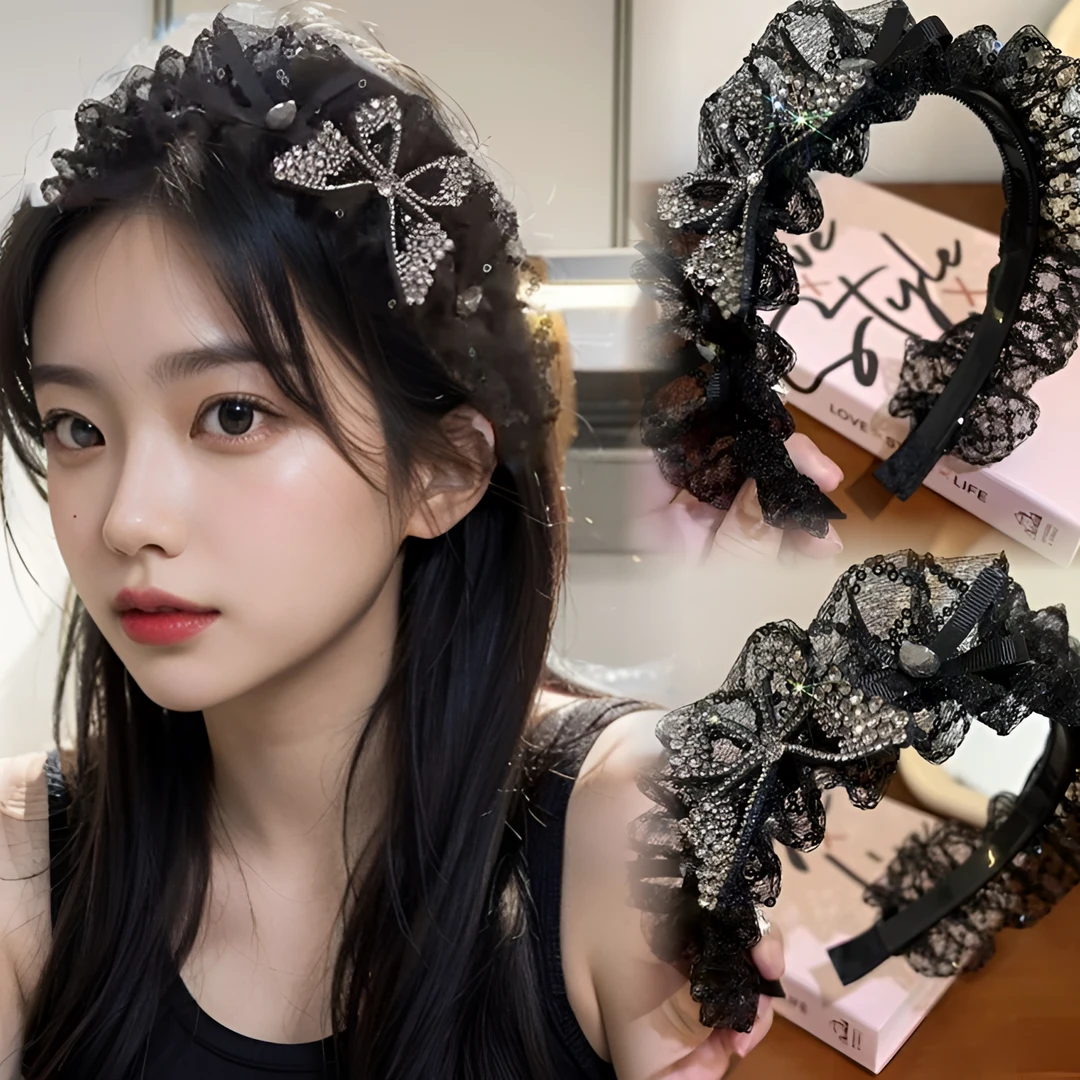 韩版轻奢春夏法式大蝴蝶蕾丝宽边网纱发箍减龄显脸小百搭时尚头箍