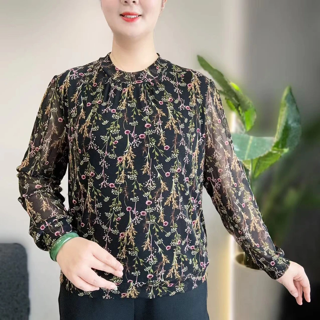 2024秋季新款圆领长袖洋气减龄显瘦时尚妈妈装花色网纱上衣