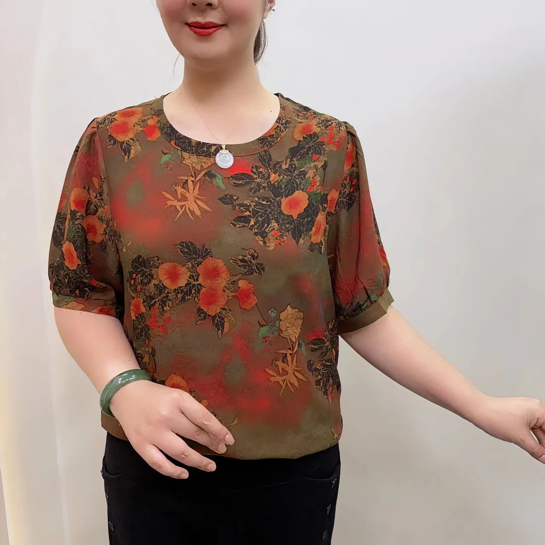 2023夏季新款圆领中袖洋气减龄大花宽松时尚显瘦妈妈装上衣小衫