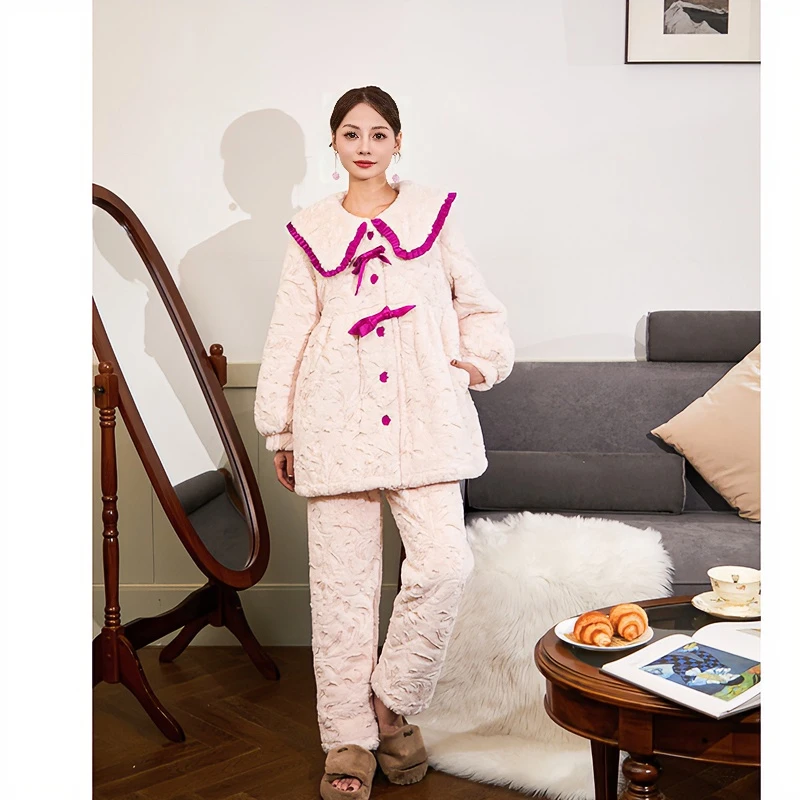 三层夹棉【公主日记】2024新款刺绣舒适加厚保暖冬季休闲宽松家居