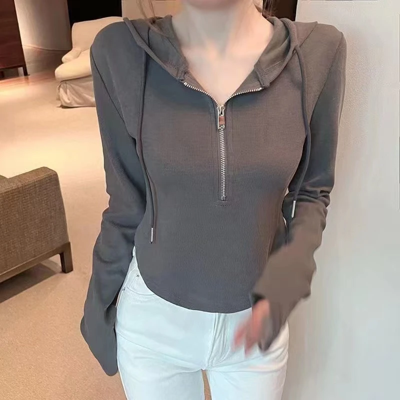 ins风半拉链连帽长袖T恤女休闲百搭显瘦白色时尚短款设计感上衣女