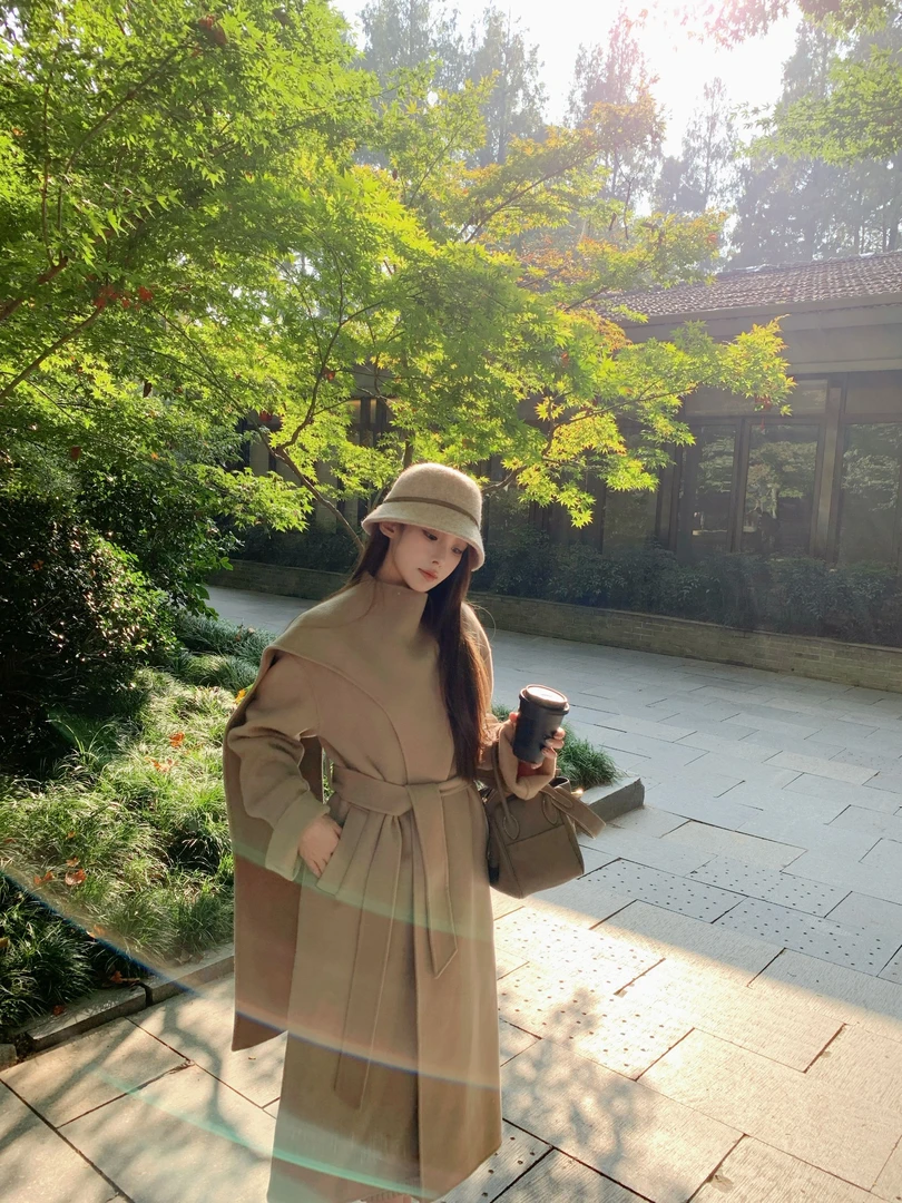 BZ秋冬设计感斜搭领绵羊毛大衣双面呢赫本风轻奢毛呢外套BZ4IMD13