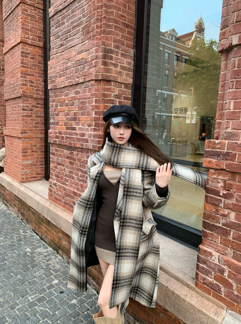 Breezy Z 时尚百搭格子单面呢大衣秋冬赫本风西装领外套BZ4IMD14