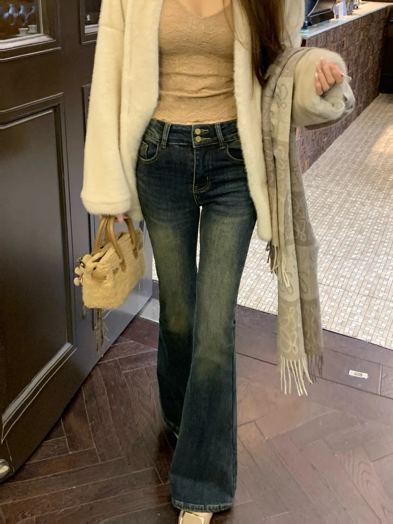 BreezyZ复古高腰牛仔裤蓝色百搭时尚直筒微喇长裤喇叭裤BZ4JNK10