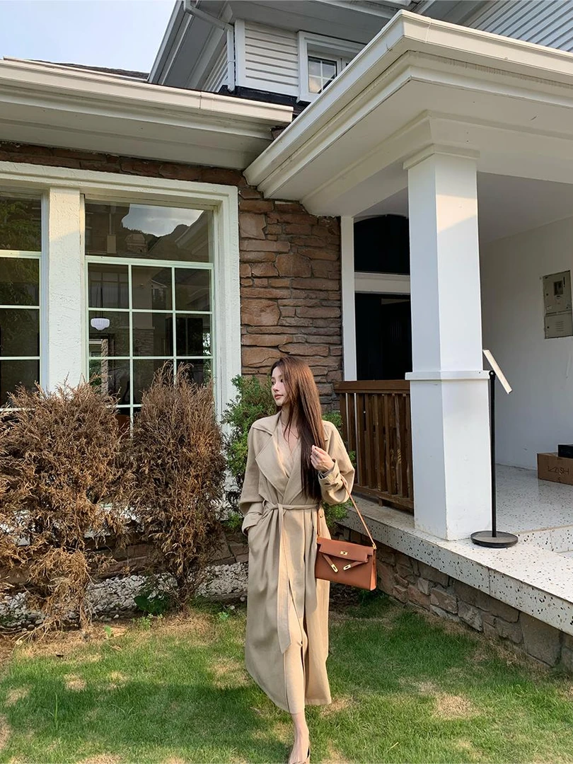 Breezy Z 梭织棉麻风衣女春秋季风中长款气质卡其色大衣BZ4FSF15