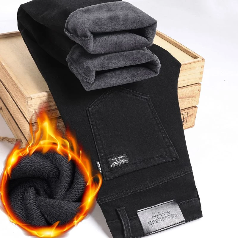 男士冬季弹力加绒加厚牛仔裤男宽松直筒中年高腰男士加厚加绒裤子