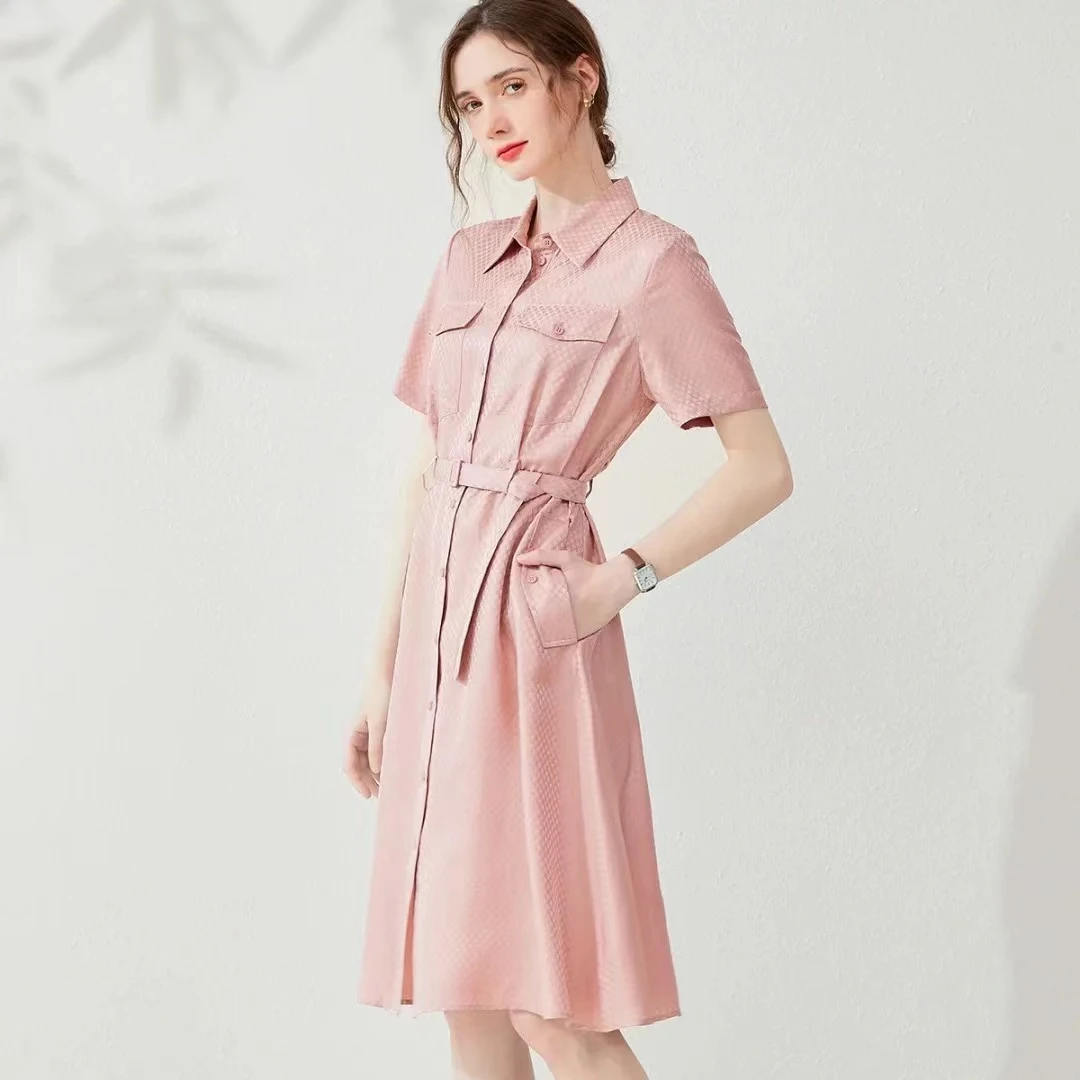 桑忆100%重磅桑波缎桑蚕丝时尚高级感翻领气质真丝连衣裙L6616