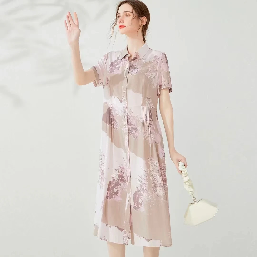 桑忆（芳菲）100桑蚕丝夏季新款优雅印花衬衫款真丝连衣裙  L5035X