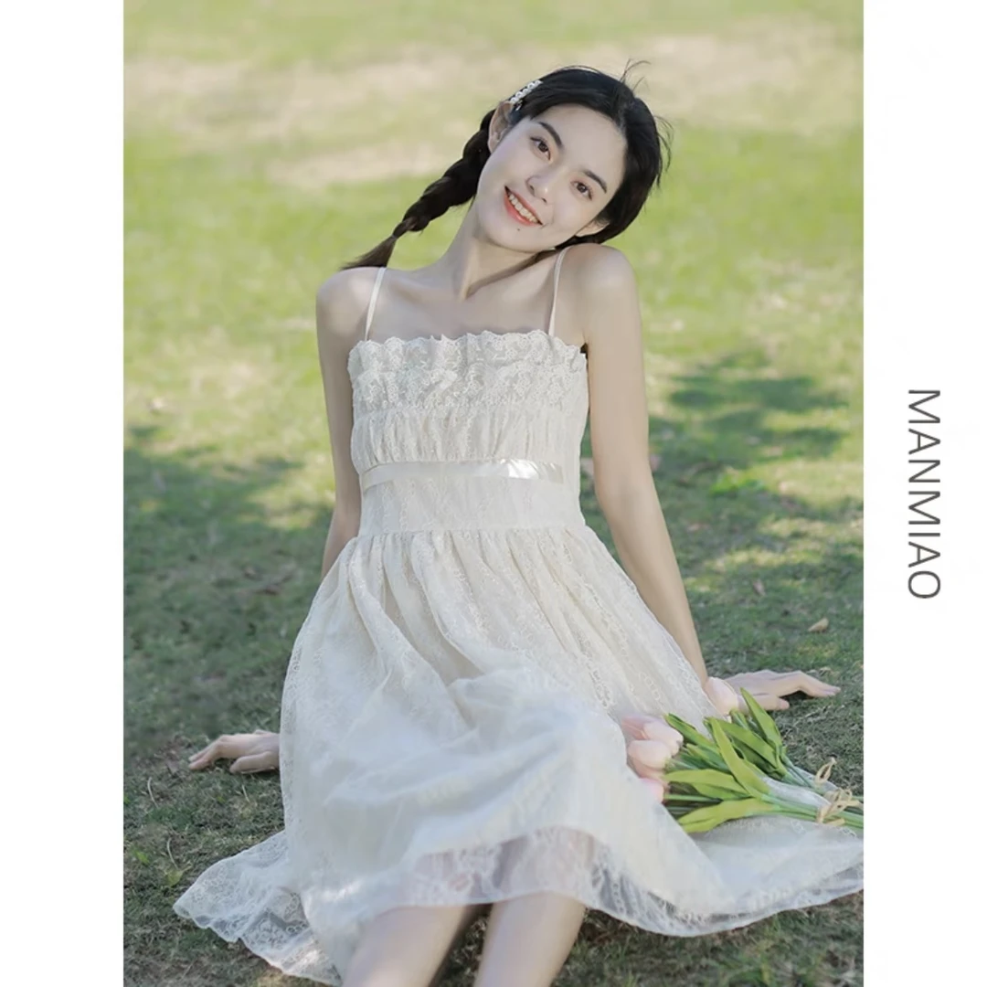 2024夏季网红少女韩版白搭印花法式薄款宽松收腰连衣裙设计感