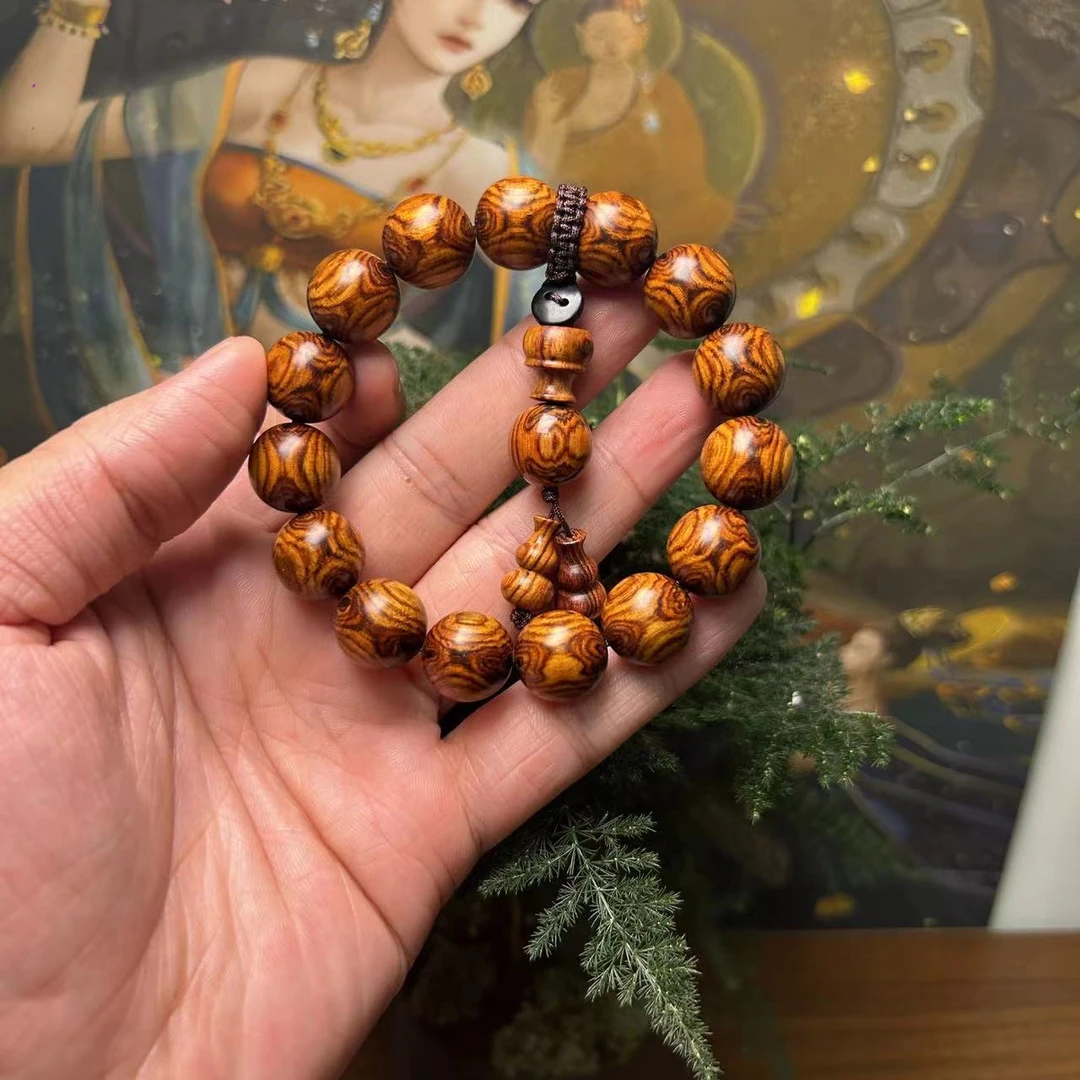 保真正品海南黄花梨手串1.5老料黄金底鬼脸对眼文玩佛珠收藏送礼