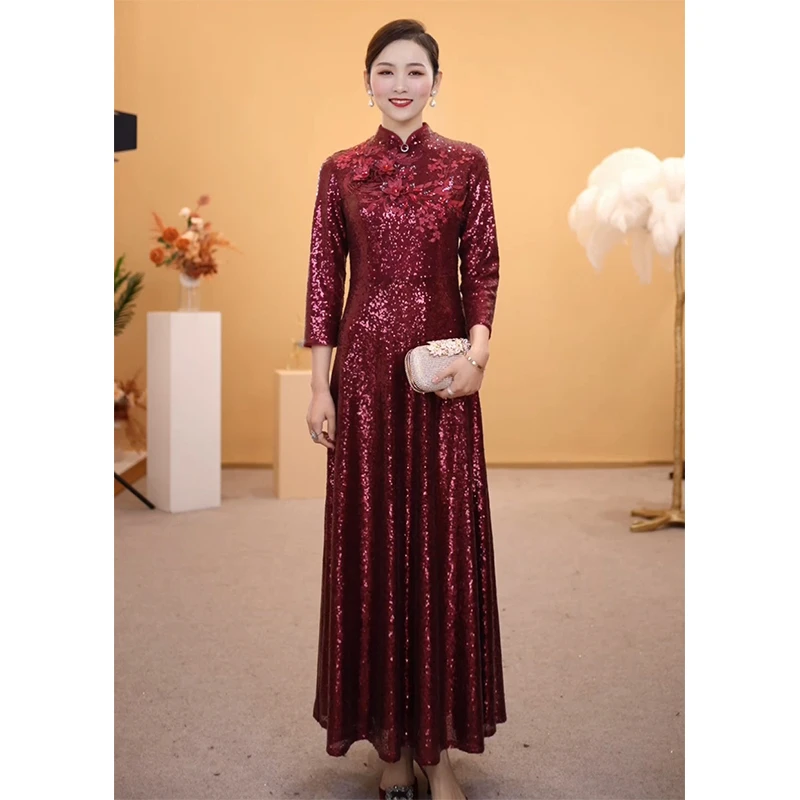 酒红色高贵优雅宴会喜婚宴喜妈妈敬酒晚礼服迎宾礼服参加婚礼裙子