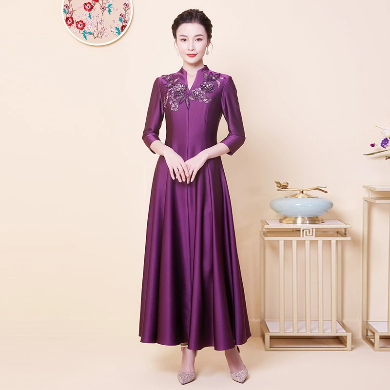 长款宴会婚礼妈妈装礼服裙优雅高贵显瘦礼服连衣裙A字裙摆秋季新