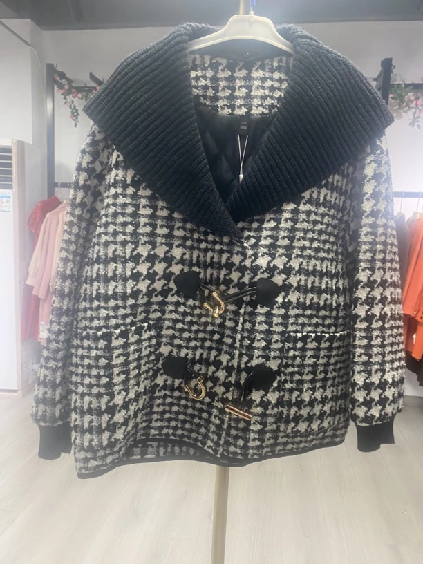 [H93双面黑白格外套]长袖镂空气质夏季休闲迷彩印花豹纹