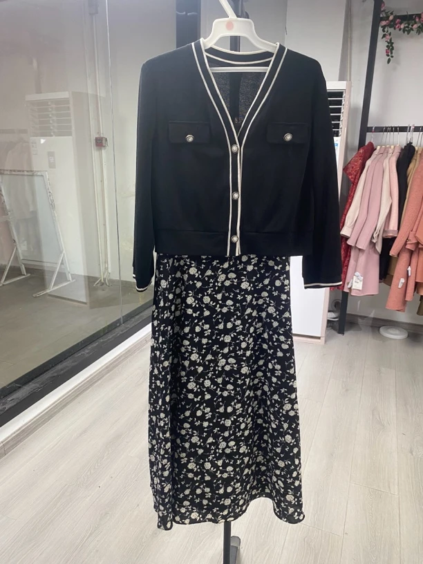 [H120黑碎花两件套裙]夏季纯色蕾丝女士时尚