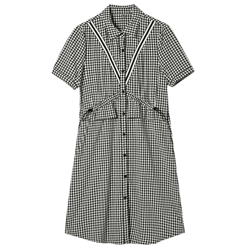 [H793格子黑白连衣裙]夏季纯色蕾丝女士时尚气质简约潮流显