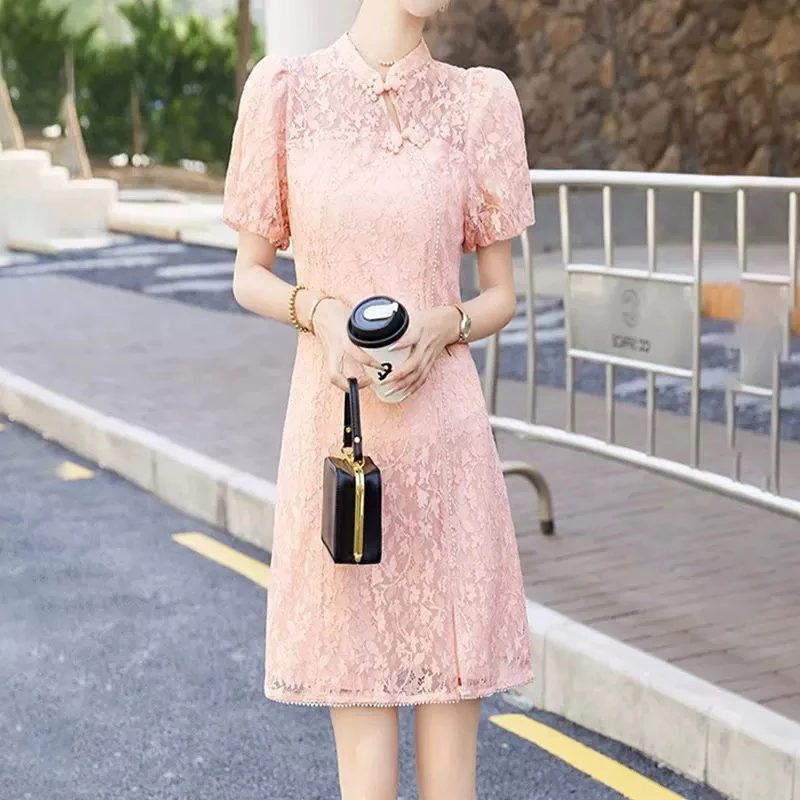 [A524粉色旗袍连衣裙]女士格子收腰休闲百搭