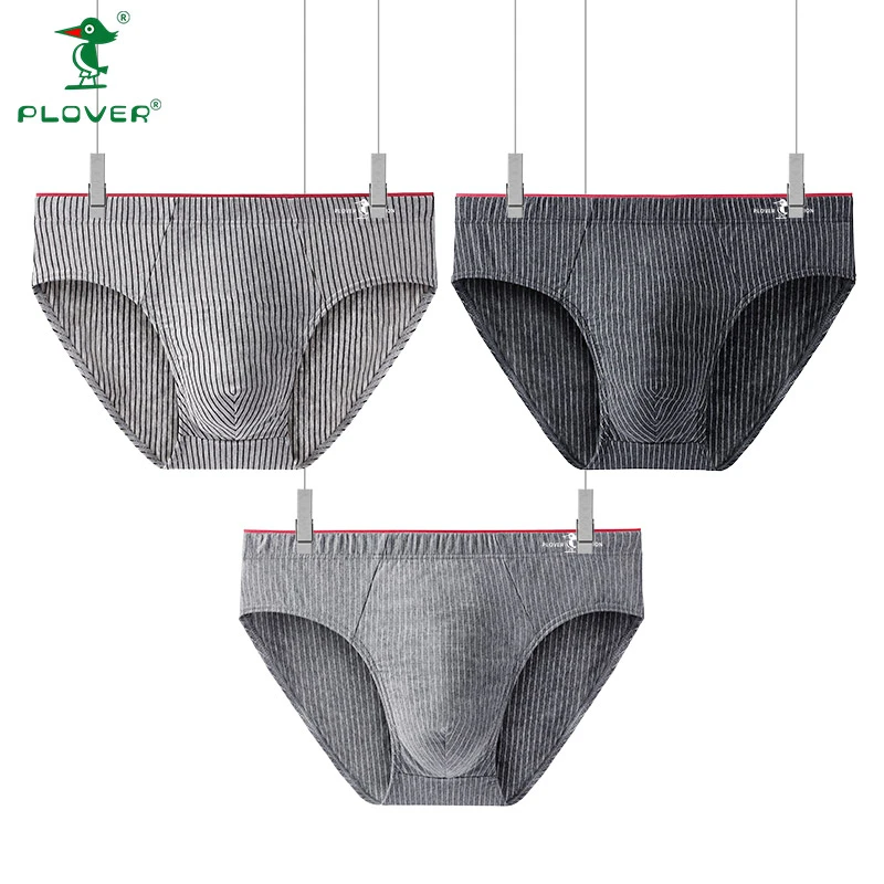 PLOVER纯棉男士内短裤男款三角裤抗菌透气舒适中腰高档条纹3条装