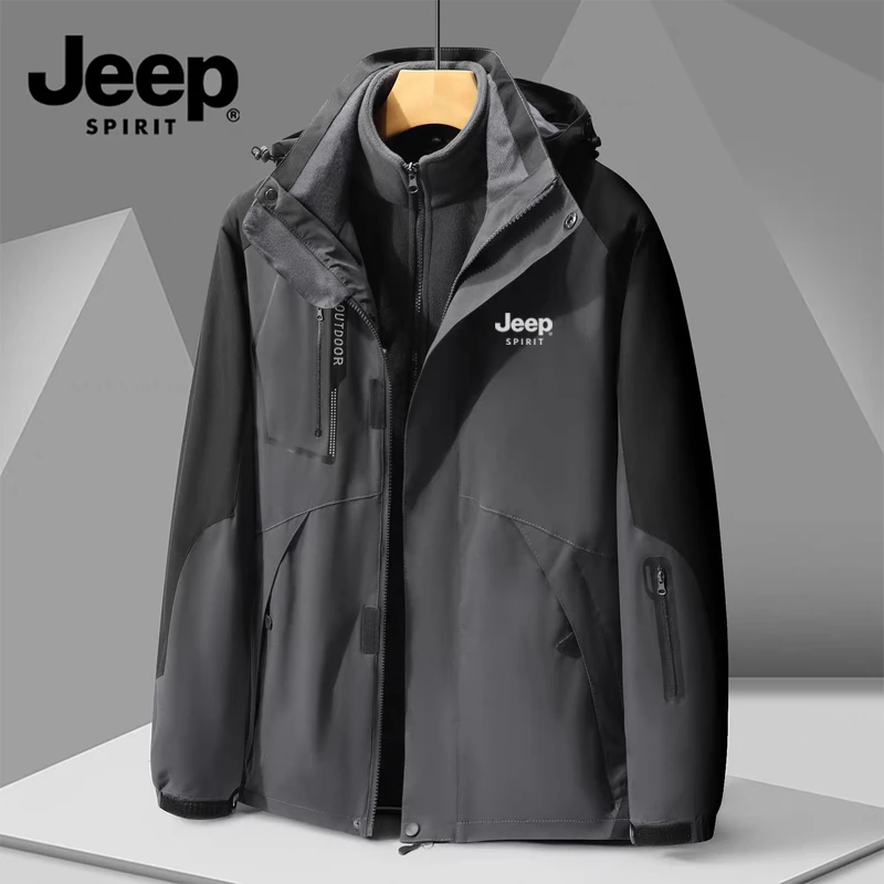 JEEP吉普户外冲锋衣男三合一秋冬季情侣两件套加绒加厚潮牌登山服