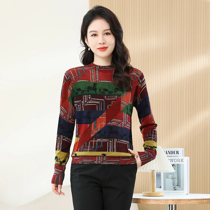 2024秋季新款100%绵羊毛圆领长袖百搭印花保暖针织上衣