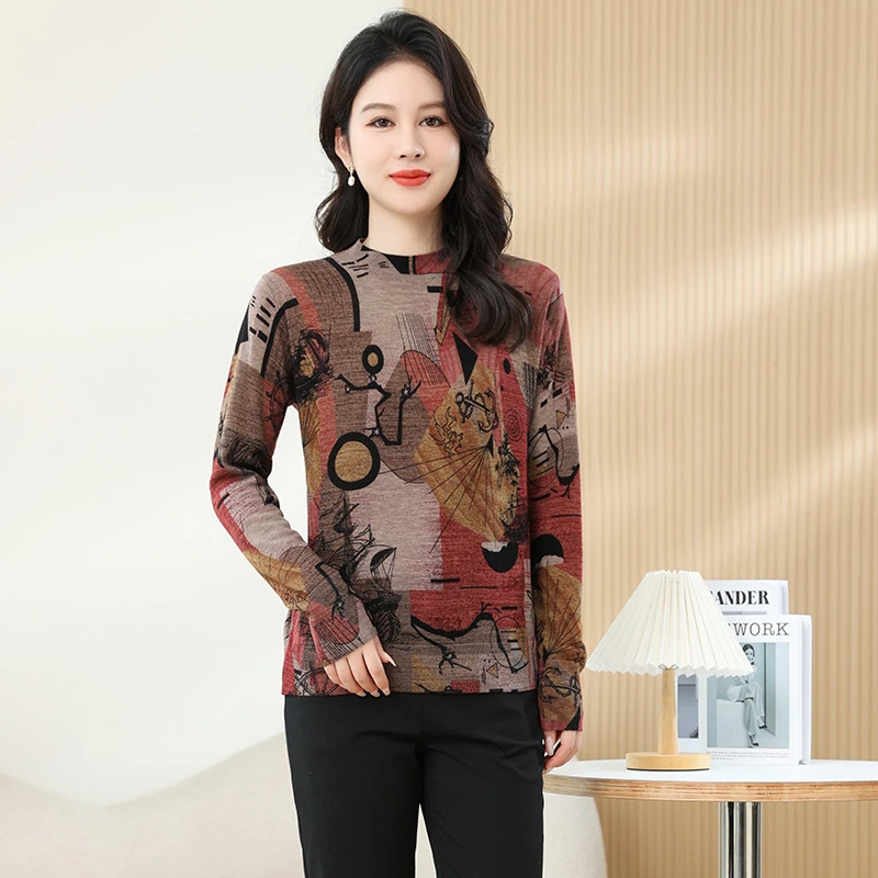 2024秋冬新款水溶羊毛衫百搭时尚印花打底衫100绵羊毛上衣