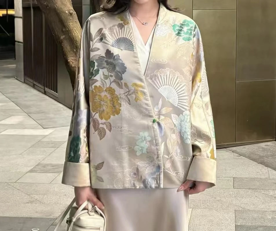 折扇牡丹成衣真丝布料弹力缎零布头柔软印花桑蚕丝旗袍面料香云纱