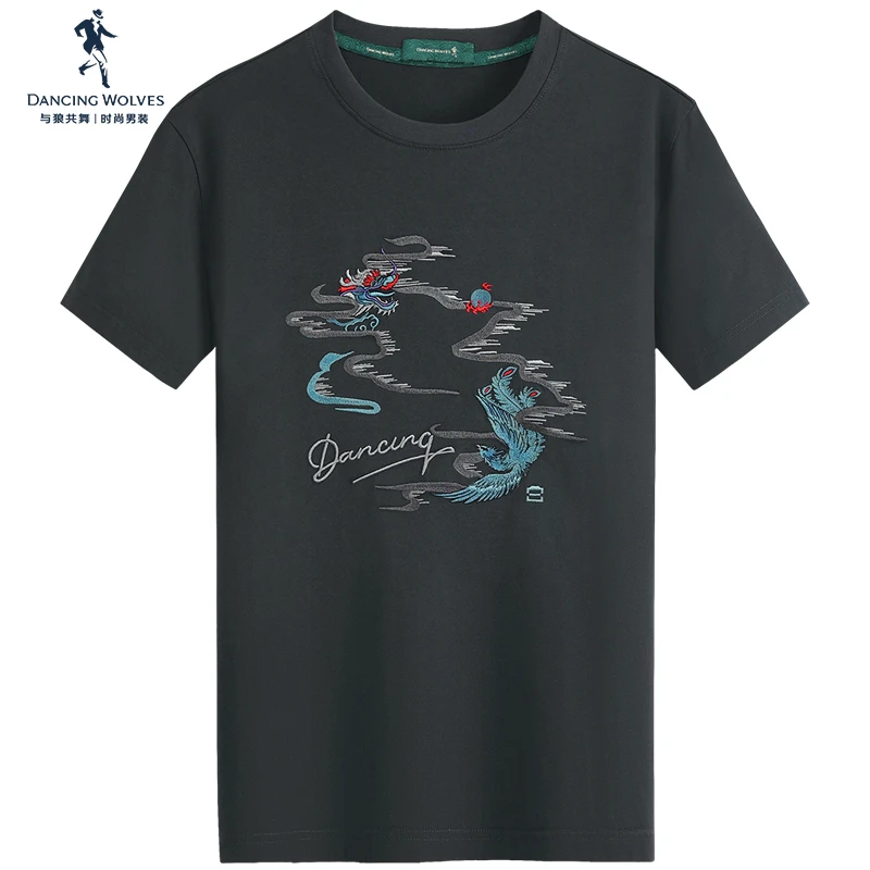 【重工刺绣】与狼共舞纯棉圆领短袖T恤男2024夏季新款透气男装短t