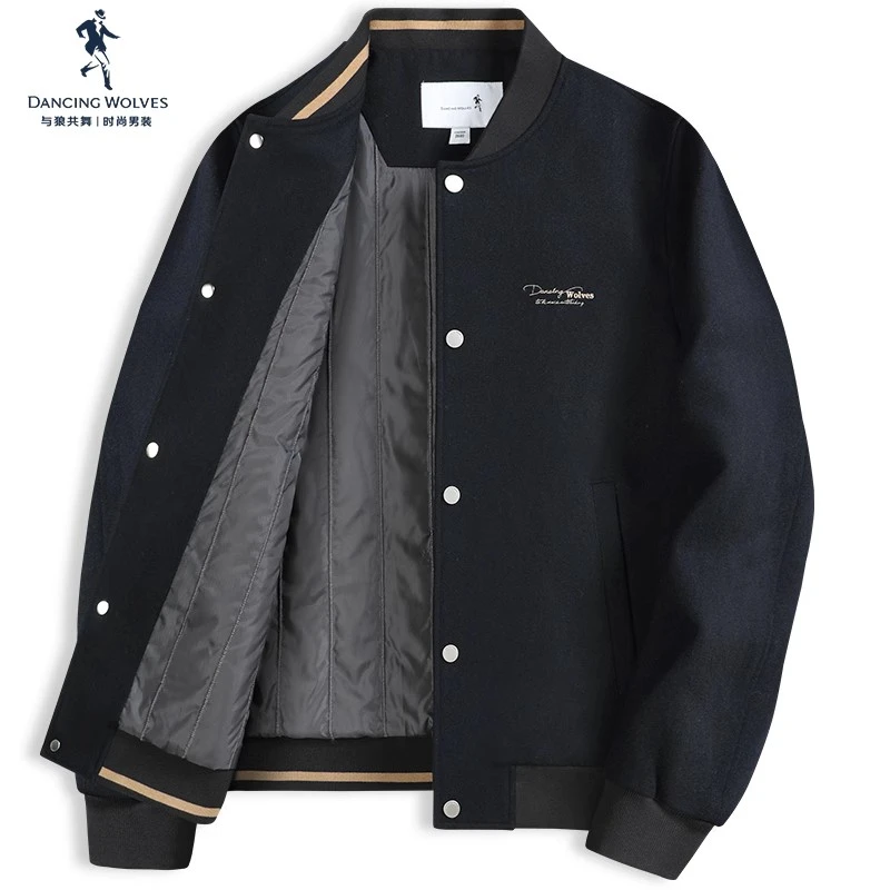【羊毛呢】与狼共舞棒球领夹克男士2024秋季新款刺绣保暖夹棉外套