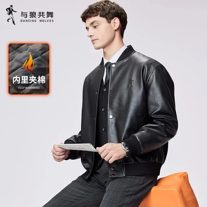 【夹棉加厚】与狼共舞棒球领皮夹克男2023秋季新款百搭帅气PU外套