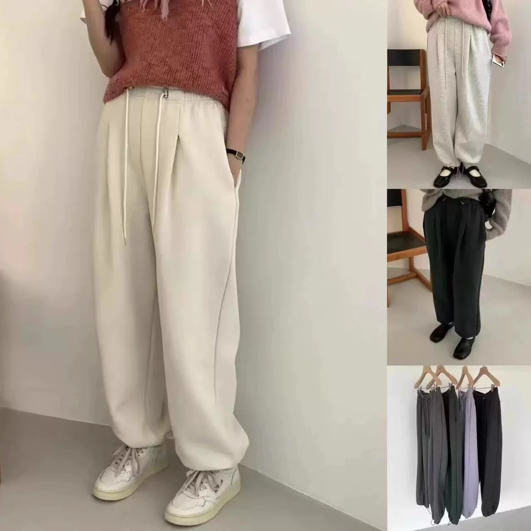 「E*G蛋壳腰扣装饰两穿」韩版eg秋冬两穿抽绳裤口女款加绒休闲裤