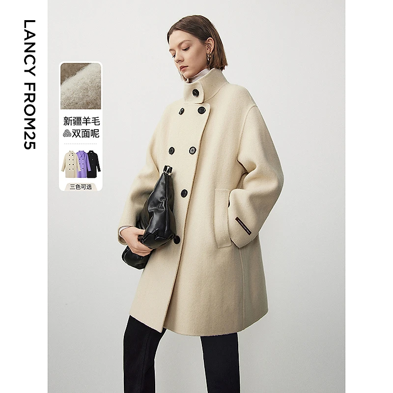 朗姿羊毛中长款加厚正肩双面呢毛呢大衣2023年新款冬季外套上衣女