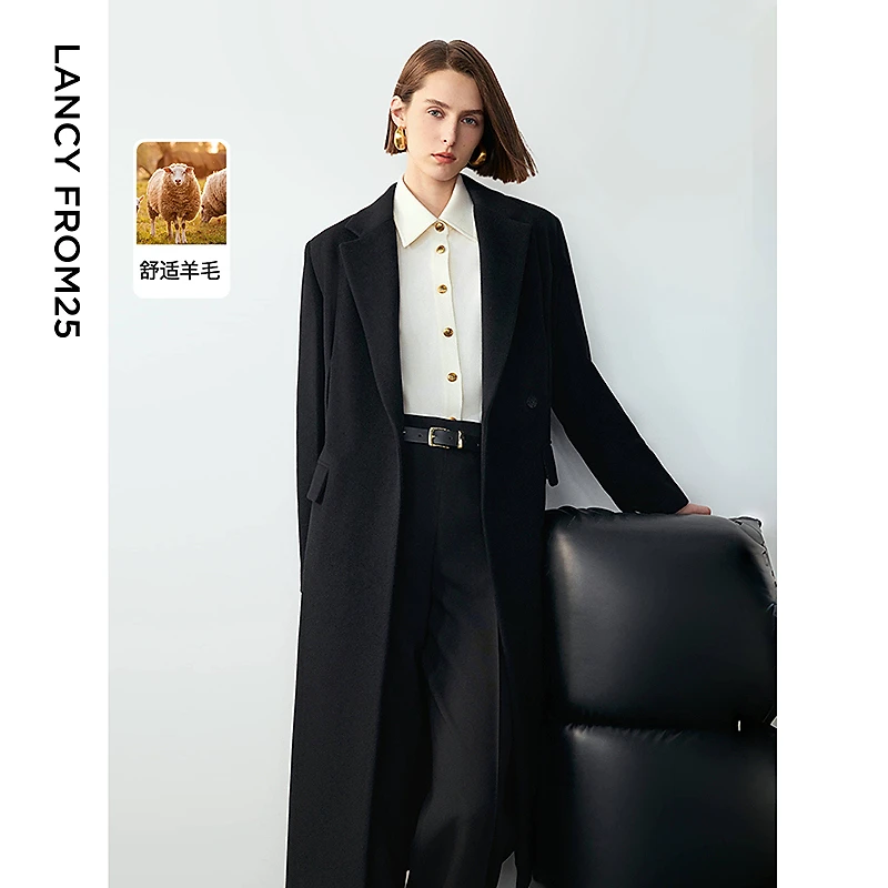 【丽公主】朗姿超好看中长款黑色呢子大衣毛呢8WLC277